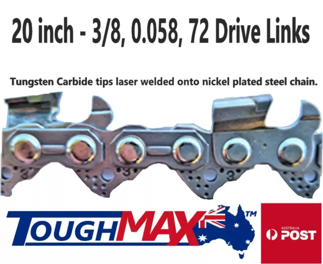 New Tungsten Carbide Chainsaw Chain 20 inch 3/8 .058 72DL Husqvarna ToughMax Aus New Tungsten Carbide Chainsaw Chain 20 inch 3/8 .058 72DL Husqvarna ToughMax Aus