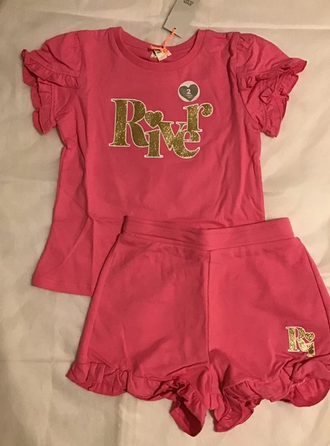 Set pantaloncini con logo River Island mini ragazze età 3-4 anni rosa glitter fronzoli nuovi con etichette 2