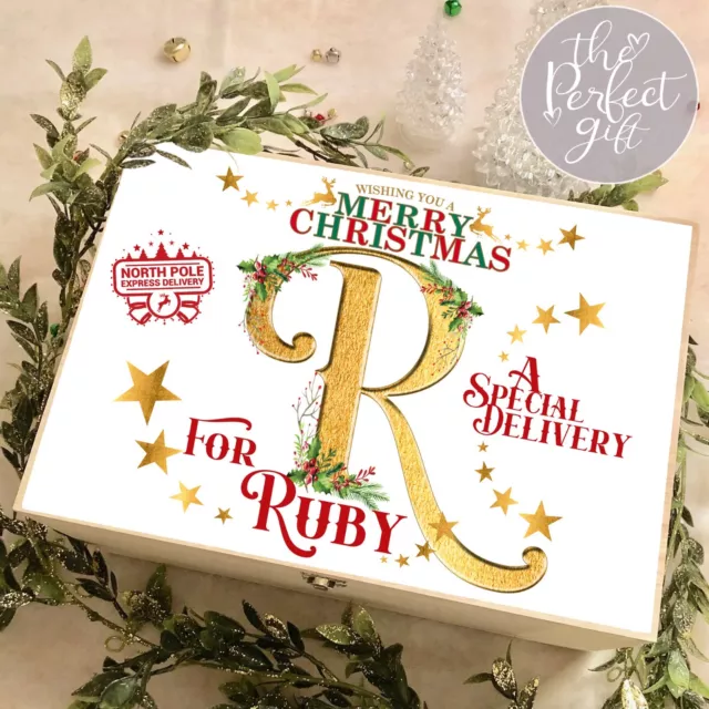 Personalised Christmas Eve Box Wooden Initial Reindeer Boys Girls Gift Present