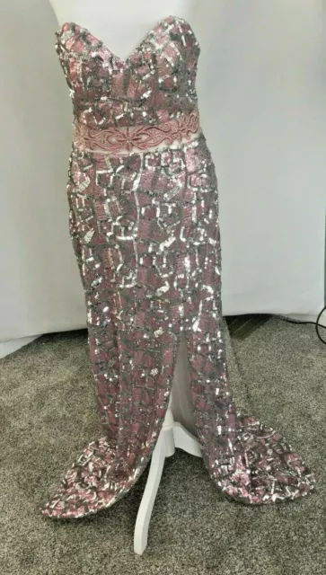 NINA CANACCI 5021 Silver Pink Strapless Formal Sequined Prom Gown Dress 10