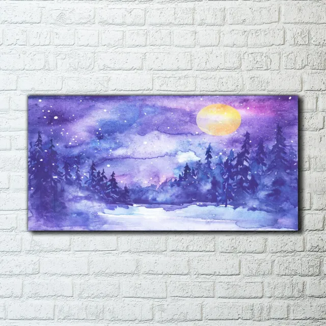 Stampa tela foto quadro luna viola alberi da neve foresta stelle cielo