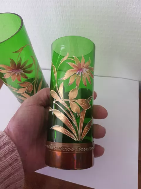 Paire De Vases Rouleaux Art Nouveau Verre Vert Emaille Motif Floral  Legras?