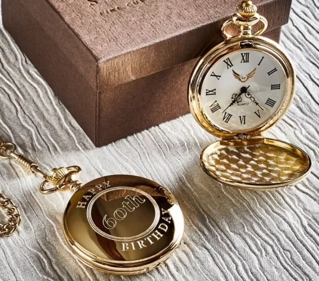 Happy 60th Birthday Gold Pocket Watch Custom Engraved Personalised Luxury Gift