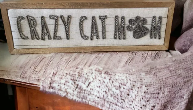 New Boho Art Beaded on Fabric Crazy Cat Mom Sign with Wood Frame Cats Decor