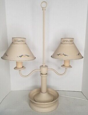 VTG Metal Double Arm Tole Table Lamp Beige With Flowers Shabby Chic Farmhouse