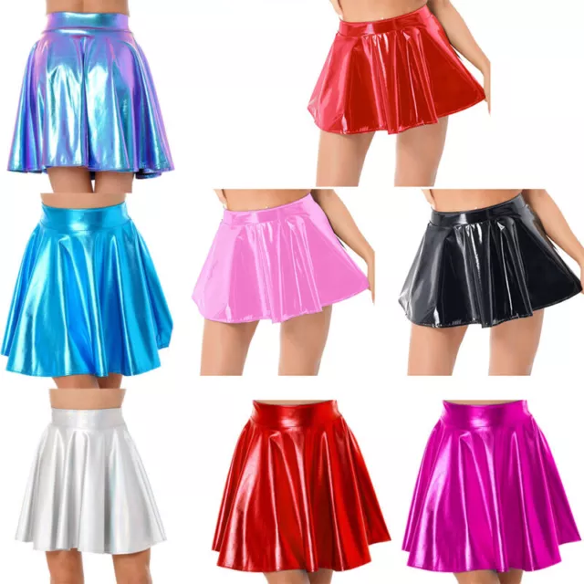 Womens Latex Skirt Wet-look Patent Leather Flared A-Line Mini Skirts Club-wear