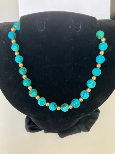 14Kt  Yellow Gold 14K  Geniune Morenci Turquoise Necklace 14"