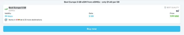eSim Best Europe 5 GB, valida in 36 paesi per 30gg, venduta da Mobimatter