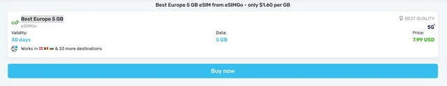 eSim Best Europe 5 GB, valida in 36 paesi per 30gg, venduta da Mobimatter