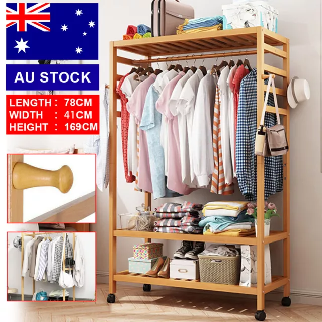 Strong Wooden Clothes Rack Rail Scarf Cart Hanging Garment Coat Rolling Stand AU