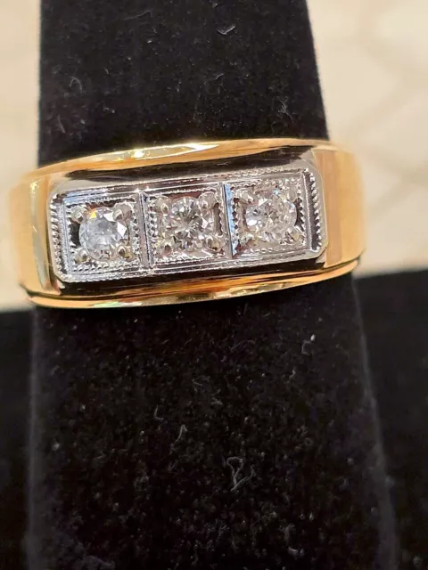 RARE NEW VINTAGE Men's Solid 14K Gold 3 Diamond Ring Near .70 ct. VS1 G ...