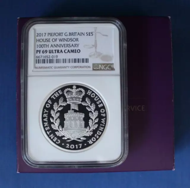 2017 Silver Piedfort Proof £5 coin "House of Windsor" NGC Graded PF69 with Case