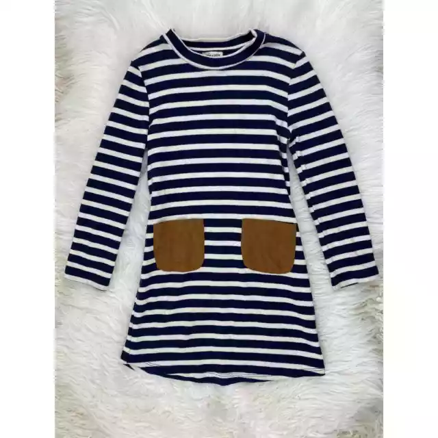 Sophia+Zeke Girls Size 5 Blue Cream Striped Suede Pocket Elbow Patch Knit Dress