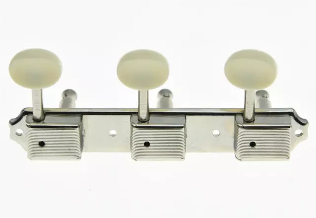 Vintage 3x3 Guitar Tuning Keys 3 on a Plate Tuners Nickel w/ Aged White 2