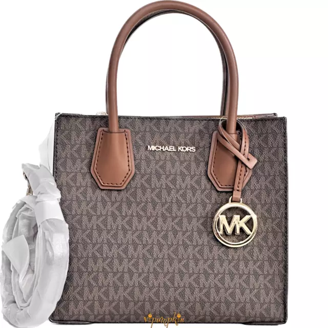 Michael Kors Mercer Medium Crossbody Logo Signature Messenger Bag Luggage Brown