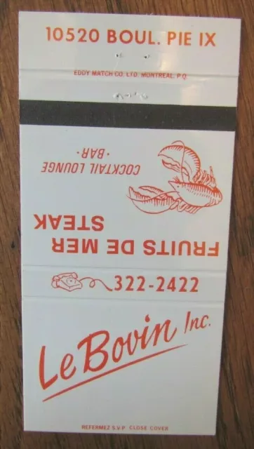 Animal - Lobster Matchbook Matchcover: Bovin Restaurant (Montreal, Quebec) -F1