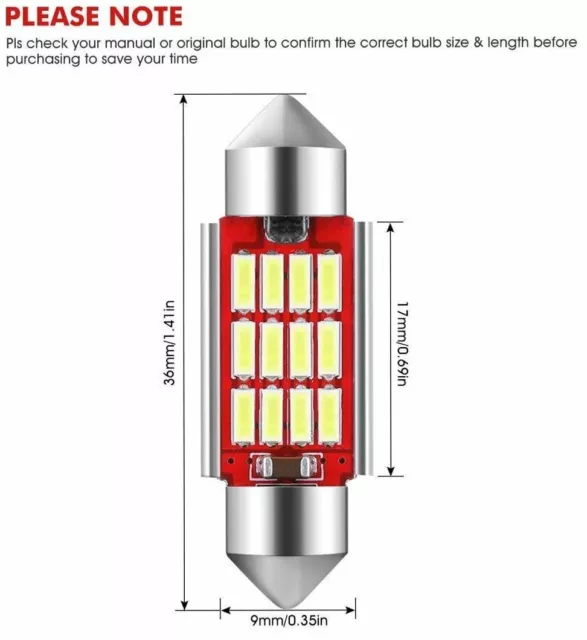 4 LED Festoon 36mm 12 SMD 4014 Canbus Xenon Lampade Luci BIANCO Interno Targa 5W 2