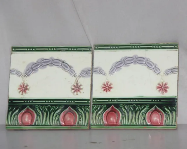 2 Pc Vintage Flower Majolica Decorative Art Nouveau Architecture Tiles, Japan