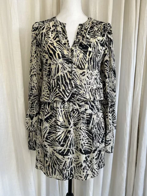 Parker Cream Black Jungle Print Silk Bohemian Double Flare Sleeved  Mini Dress M