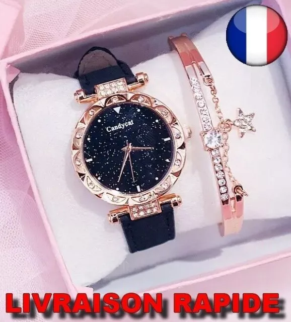 Reloj + Brazalete De Estrella Mujer Pulsera De Cuero Cuarzo Hora Joyería...