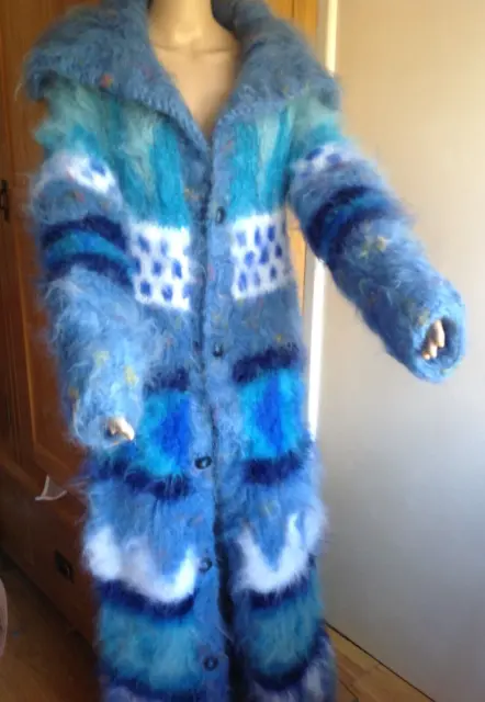 New hand knitted fluffy mohair cardigan full length lounge gown sweater coat  L
