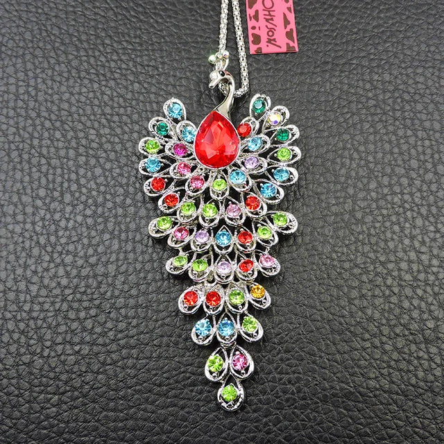 Betsey Johnson Multi-Color Crystal Rhinestone Peacock Pendant Chain Necklace