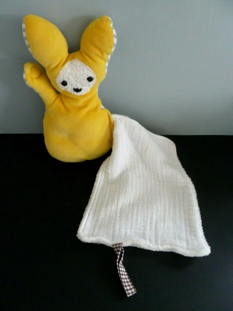 Z9- DOUDOU PELUCHE LAPIN MOUCHOIR NI-NIN ZINZIN JAUNE GRIS RAYE BLANC 27cm - TBE