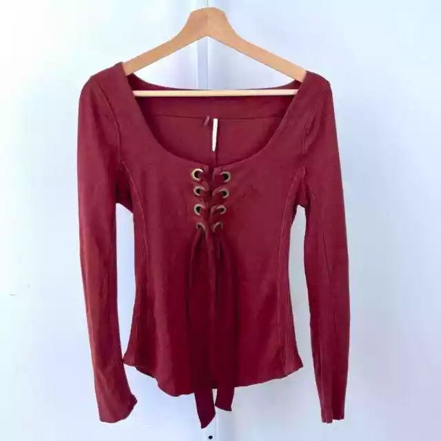 Free People Looking Back Lace Up Top Shirt Rust Red M