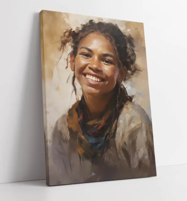 Painterly Portrait Of Smiling Aboriginal Girl -Deep Framed Canvas Wall Art Print