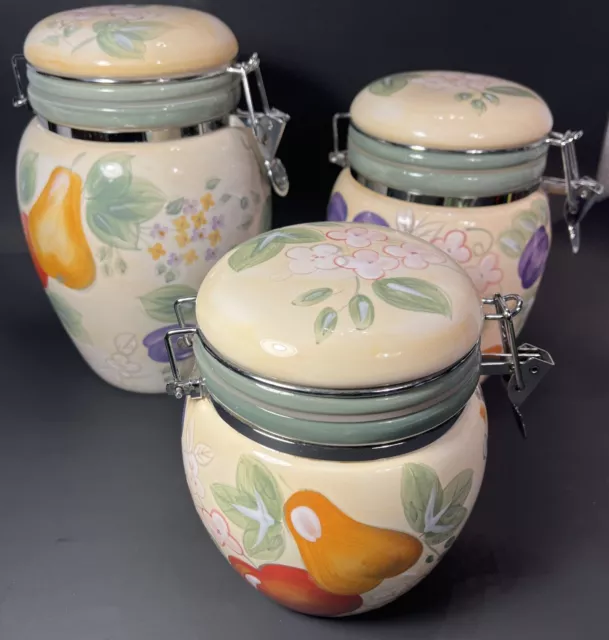 Set Of 3 Gibson Designs Home Fruit Grove Canisters~Apples, Grapes & Pears S,M,L