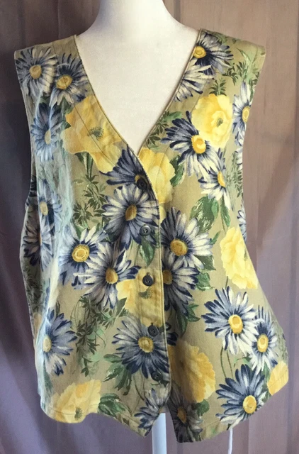 Vintage Stampede Floral Flowers Yellow Blue Denim Vest Medium