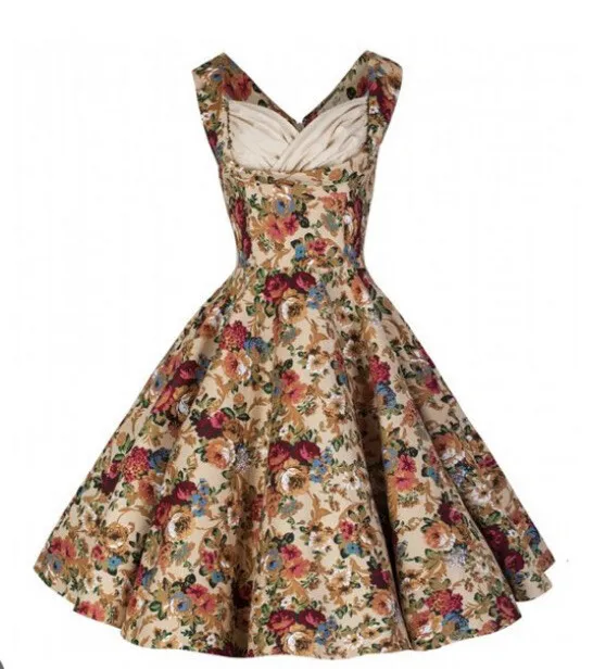 BNWT SZ14 Lindy Bop Beige Multi Floral Print Ophelia 50s vintage Style Dress