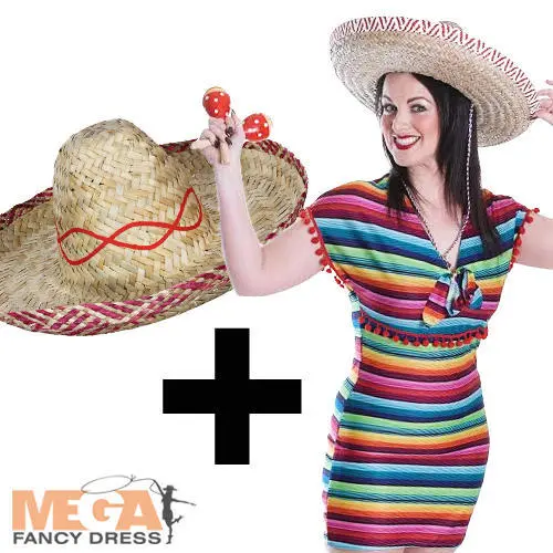 Mexican Poncho Dress + Sombrero Hat Ladies Fancy Dress Wild West Adults Costume