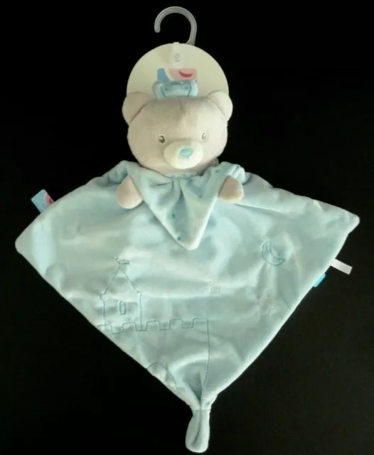 *. DOUDOU PLAT SUCRE D'ORGE ROI OURS BLEU GRIS CAPE COURONNE CHATEAU 20cm NEUF