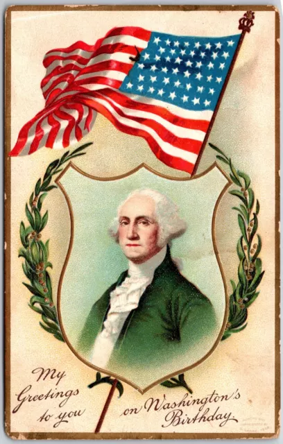 1910's Washington's Birthday Portrait With Flag Greetings Posted Postcard