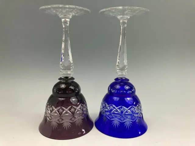 Bohemian Amethyst & Cobalt Blue Cut to Clear Crystal Wine Hock Glasses - Pair 2