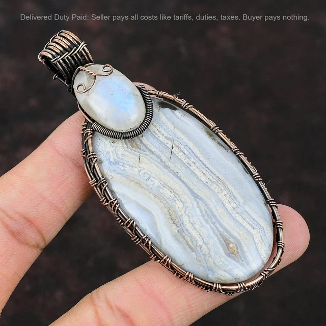 Collana Con Ciondolo In Agata Pizzo Blu – Pietra Naturale Per Ansia E Protezione Spirituale (regalo Perfetto!)