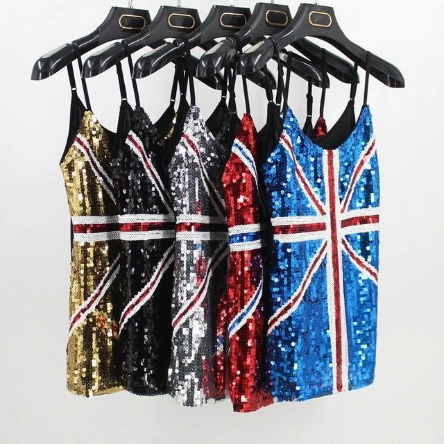 Débardeur Femme à Paillettes Bling - Bretelles Fines, Extensible, Taille Unique, Couleur Drapeau, Neuf Avec étiquettes
