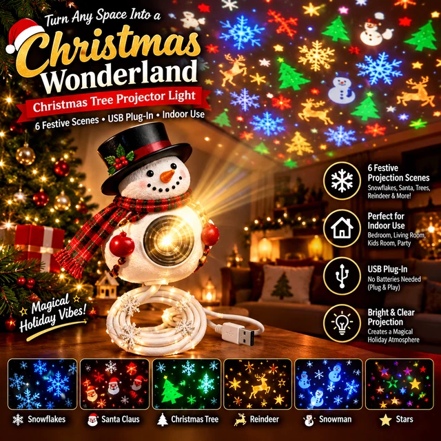 CHRISTMAS TREE PROJECTOR – 6 Festive Scenes, Plug-In USB LED Night ...