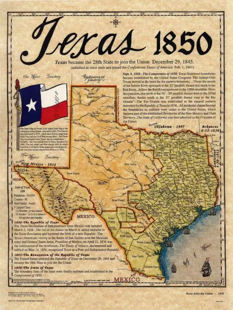 Texas 1850 Historical Map Joins The Union Flag Gift Corporate Antique Old Look