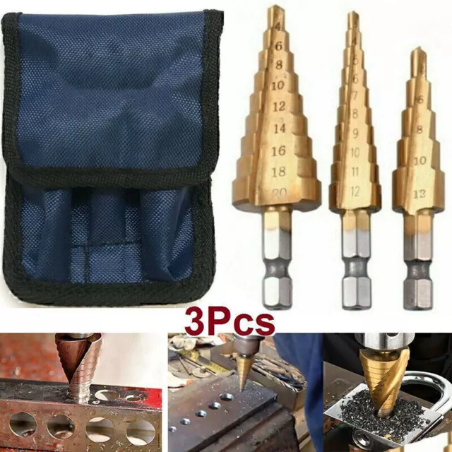 3PCs LARGE HSS STEP CONE DRILL TITANIUM BIT SET HOLE CUTTER 3 PIECE + BLUE POUCH