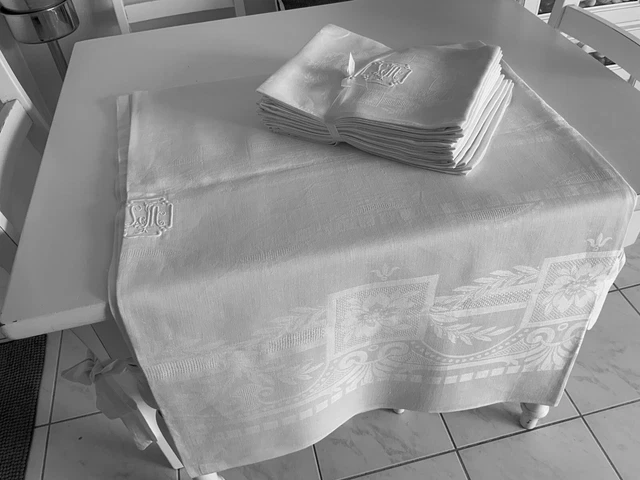 linge ancien Grande Nappe Et 6 Serviettes Damassé Soie Lys DOUBLE Monogramme ML