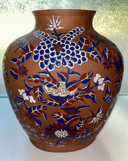 Chinese Republic Yixing Zisha Polychrome Foliate Enameled Flower Vase 10”