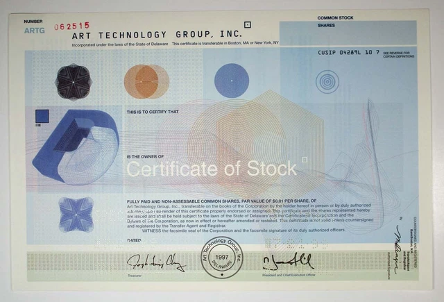 Art Technology Group, Inc., 1999 Odd Shrs Specimen Stock Cert, VF Part of ORACLE