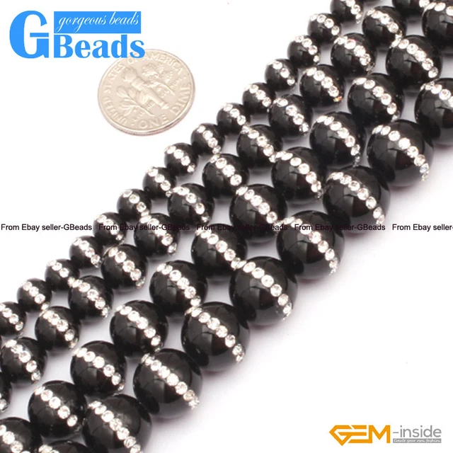 Natural Black Onyx Agate Crystal Paved Rhinestone Inlaid Beads Free Shipping 15"
