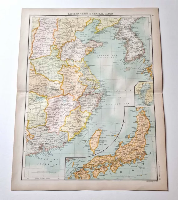 JOHN BARTHOLOMEW Original 1899 Colour Map: Eastern China, Central Japan