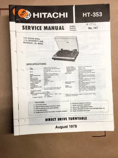 Hitachi HT-353 Turntable Service Manual *Original*