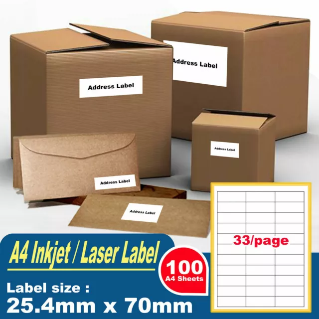 100 Sheets 33 Labels Per Page 330 Labels 70x25.4mm A4 Office Mailing Labels