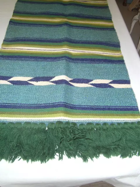 Vtg Southwest Folk Art Hand Woven Wool Wall Hanging Aqua Green 29.5 x 69 Unused
