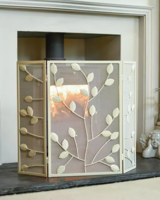 Cream Rectangular Three Fold Fire Guard with Leaf Pattern - 62cm